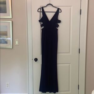 Faviana long navy dress with side cut outs
